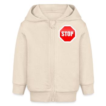 Impression graphique de plaque STOP rouge - Veste à capuche bébé bio Stanley/Stella - écru doux - Devant
