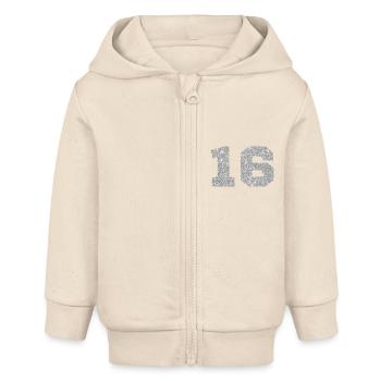 Nummer 16 Silberglitter - 16. Jahrestag - Baby Organic Kapuzenjacke Baby Connector von Stanley/Stella - Natur - Vorne