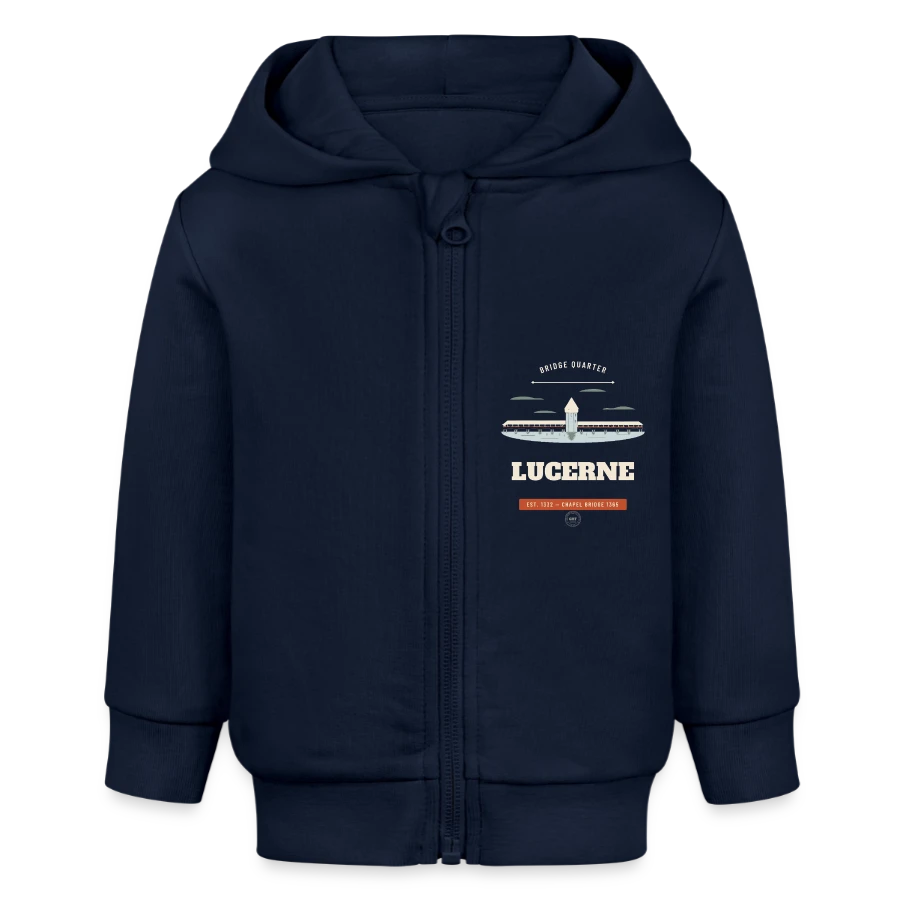 Lucerne badge on a baby organic zip-up hoodie by stanley/stella, navy