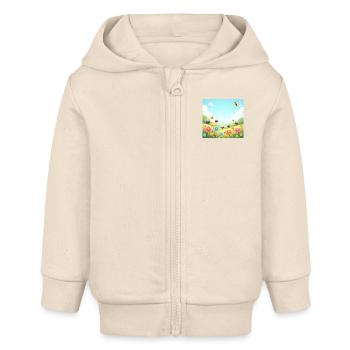 Joie printanière – Fleurs et insectes dansant - Veste à capuche bébé bio Stanley/Stella - écru doux - Devant