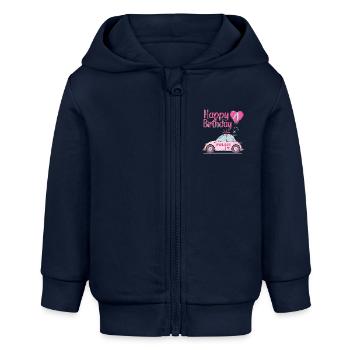 Joyeux anniversaire 4 Police Rose - Veste à capuche bébé bio Stanley/Stella - bleu marine - Devant