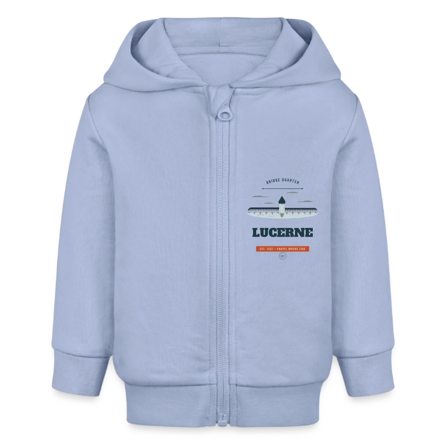 Lucerne badge on a baby organic zip-up hoodie by stanley/stella, sky