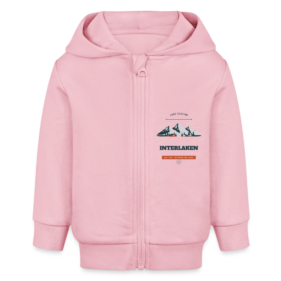 Interlaken badge on a baby organic zip-up hoodie by stanley/stella, cotton pink