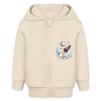 Une fusée comique s’envole vers la lune - Veste à capuche bébé bio Stanley/Stella - écru doux - Devant