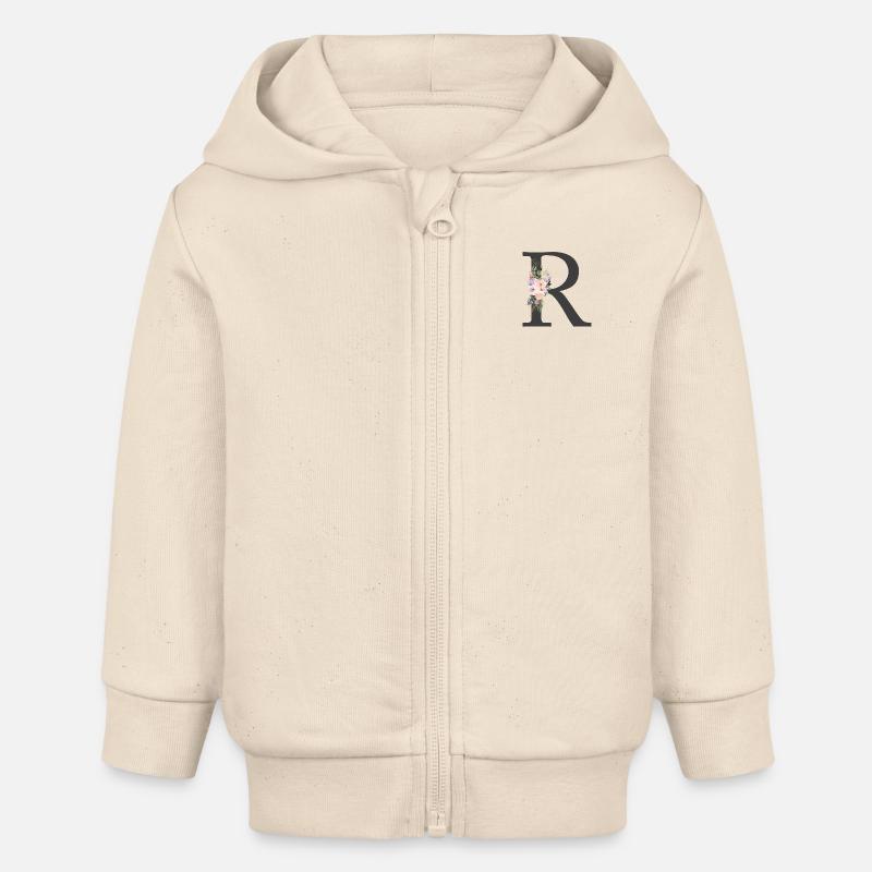 Lettre R, Monogramme, Fleurs - Veste à capuche bébé bio Stanley/Stella - écru doux