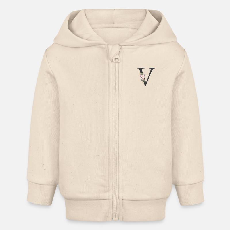 Lettre V, Monogramme, Fleurs - Veste à capuche bébé bio Stanley/Stella - écru doux