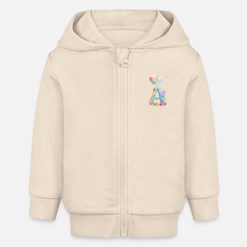 Lettre A, Monogramme, Fleurs, Lapin - Veste à capuche bébé bio Stanley/Stella - écru doux
