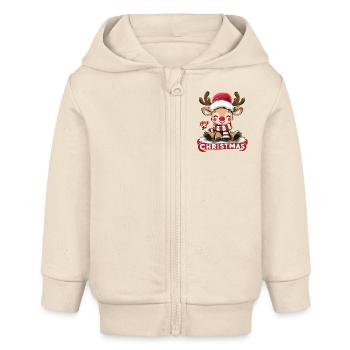 "Little Reindeer's First Noel" - Baby Organic Zip-up Hoodie by Stanley/Stella - soft Ecru - Front