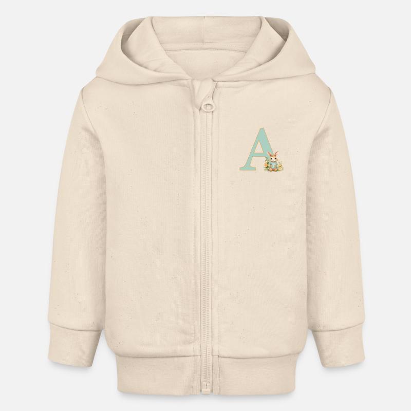 Lettre A, Monogramme, Fleurs, Lapin - Veste à capuche bébé bio Stanley/Stella - écru doux