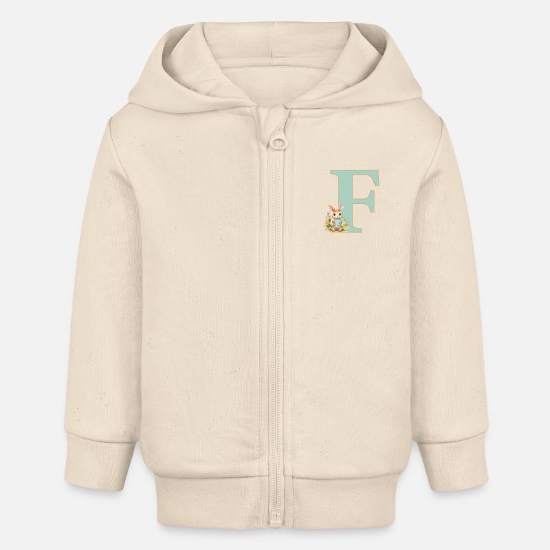 Lettre F, Monogramme, Fleurs, Lapin - Veste à capuche bébé bio Stanley/Stella - écru doux