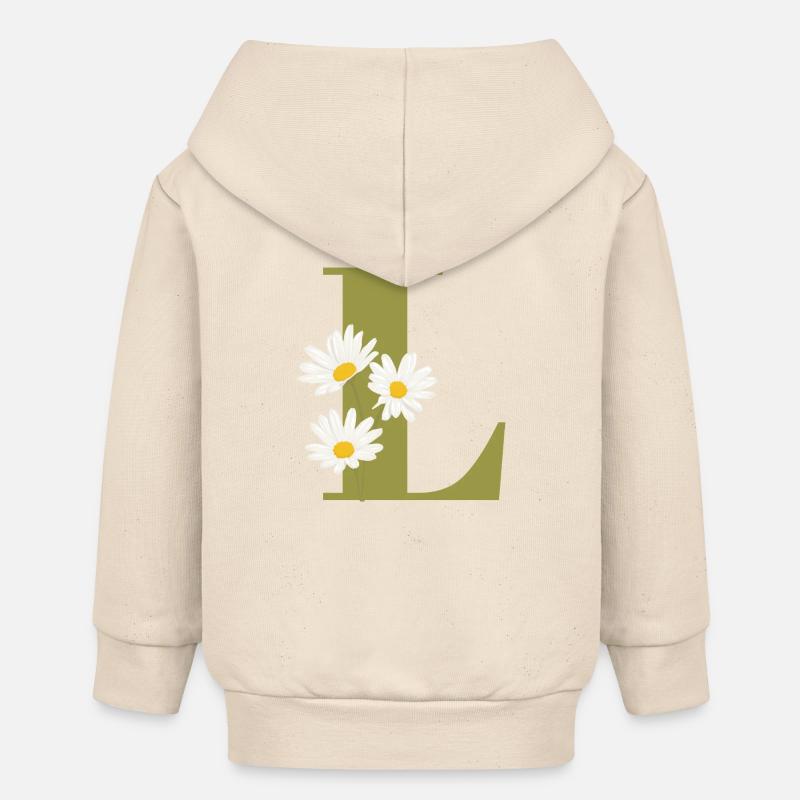 Lettre l vert marguerites - Veste à capuche bébé bio Stanley/Stella - écru doux