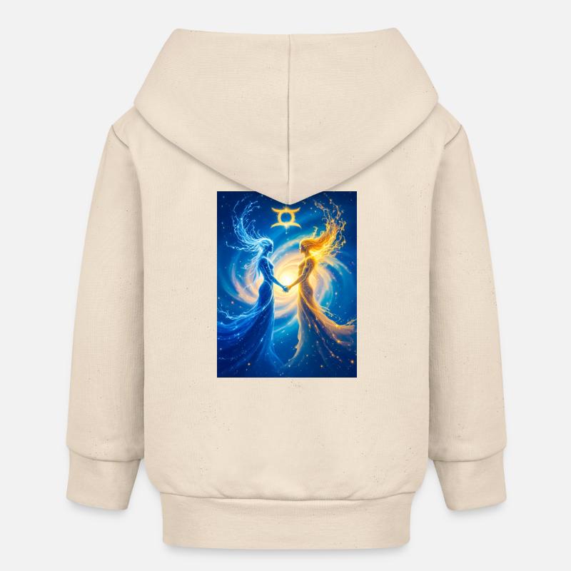 Des êtres célestes jumeaux unis dans un dialogue éternel - Veste à capuche bébé bio Stanley/Stella - écru doux