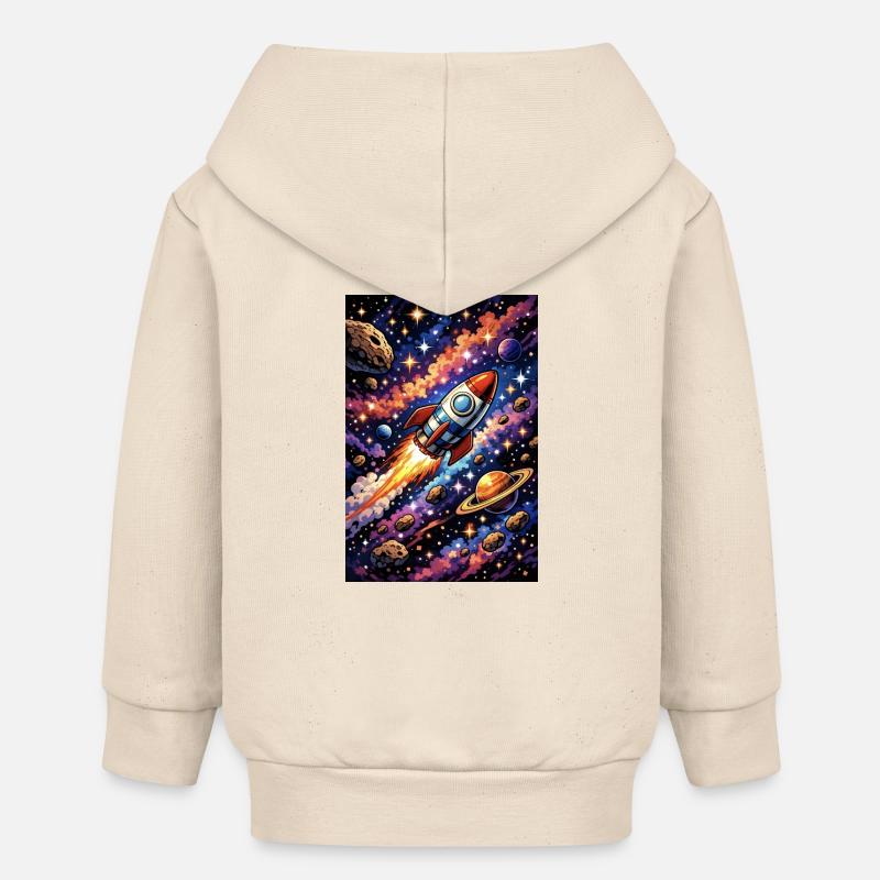 Vol de fusée à travers le cosmos - Veste à capuche bébé bio Stanley/Stella - écru doux