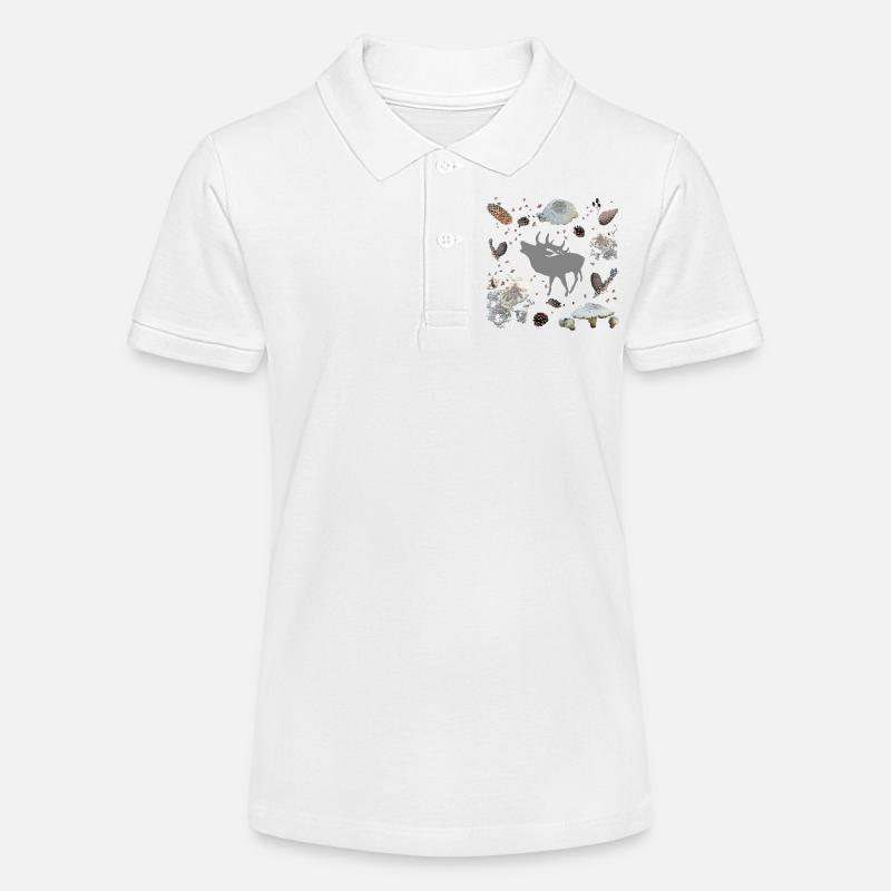 Cerf aux pommes de pin et champignons - Polo bio MINI SPRINTER Stanley/Stella Ado - blanc
