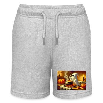Ghost stands at the stove and cooks pumpkin soup - Stanley/Stella MINI BOLTER Organic Teen Jogging Shorts - heather grey - Front