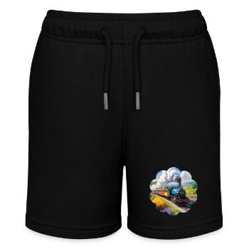 Bunte Eisenbahn mit rauchender Dampflokomotive - Stanley/Stella Teenager Bio-Joggingshorts MINI BOLTER - Schwarz - Vorne