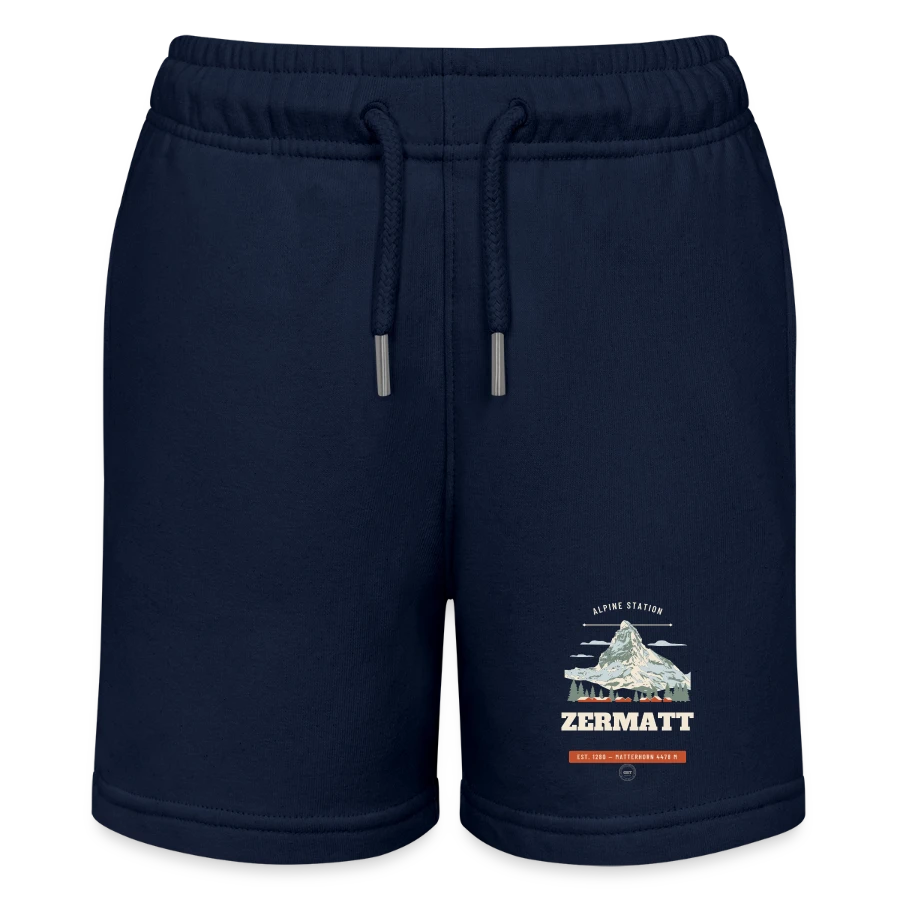 Zermatt badge on a stanley/stella mini bolter organic teen jogging shorts, navy