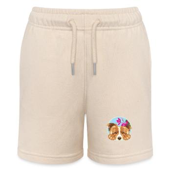 Peeking happy Border Collie dog with pink flowers - Stanley/Stella MINI BOLTER Organic Teen Jogging Shorts - soft Ecru - Front
