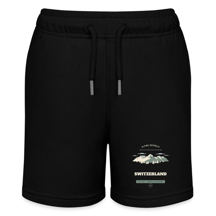 Switzerland badge on a stanley/stella mini bolter organic teen jogging shorts, black