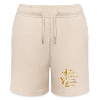 Goldene Botschaft-SEI DU mit Sonnenblume - Stanley/Stella Teenager Bio-Joggingshorts MINI BOLTER - Natur - Vorne