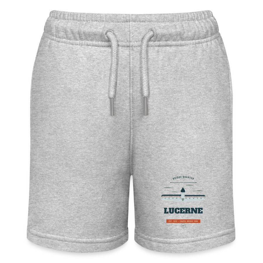 Lucerne badge on a stanley/stella mini bolter organic teen jogging shorts, heather grey