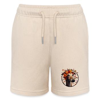 Galgo with flower wreath - Stanley/Stella MINI BOLTER Organic Teen Jogging Shorts - soft Ecru - Front