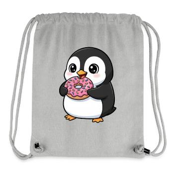 Dessin animé pingouin mignon avec beignet dessert amusant - Sac à cordon recyclé Stanley/Stella - gris chiné - Devant