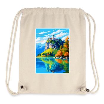 Château de Bled, Slovénie, Affiche de voyage vintage, WPA, Art - Sac à cordon recyclé Stanley/Stella - blanc naturel - Devant