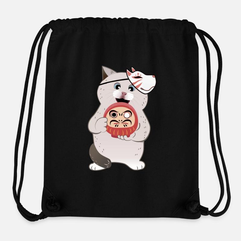 Chat mignon tenant Daruma avec un masque Kabuki - Sac à cordon recyclé Stanley/Stella - noir