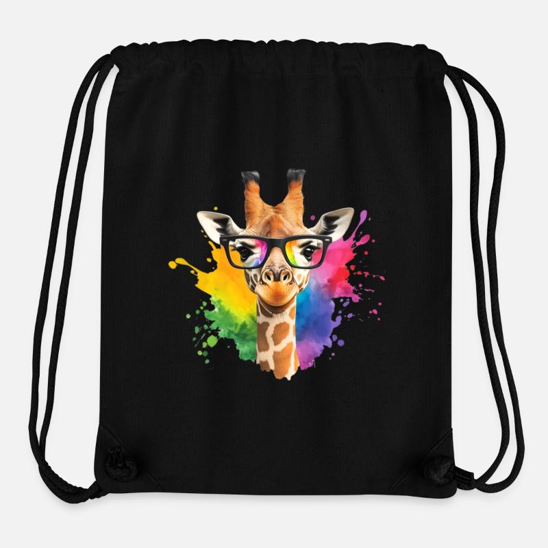 Girafe colorée avec des lunettes et des éclaboussures arc-en-ciel - Sac à cordon recyclé Stanley/Stella - noir
