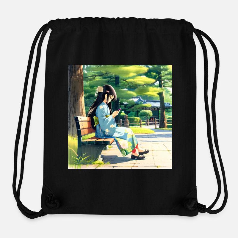 N-dless Nights: Anime-Mädchen im Kimono mit Handy - Stanley/Stella recycelter Gym Bag - Schwarz