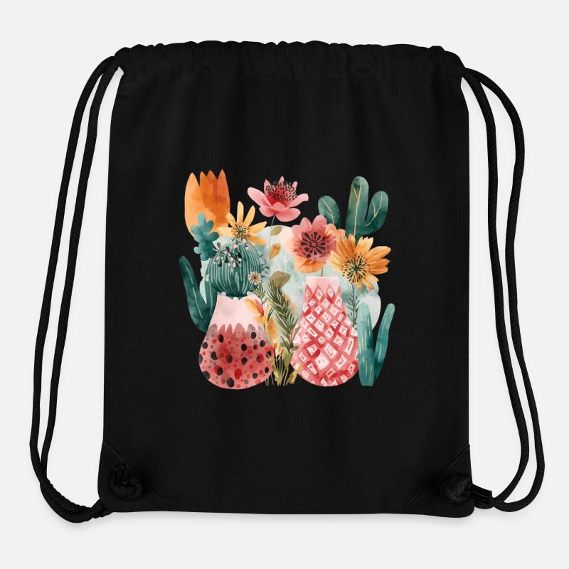 Cactus et fleurs à l’aquarelle – Pastel Nature Aesthetics - Sac à cordon recyclé Stanley/Stella - noir