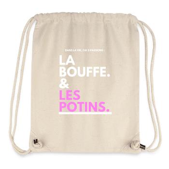 Bouffe et Potins Typo Noir Rose - Sac à cordon recyclé Stanley/Stella - blanc naturel - Devant