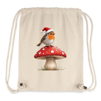 Robin en chapeau de Père Noël sur un champignon rouge - Sac à cordon recyclé Stanley/Stella - blanc naturel - Devant
