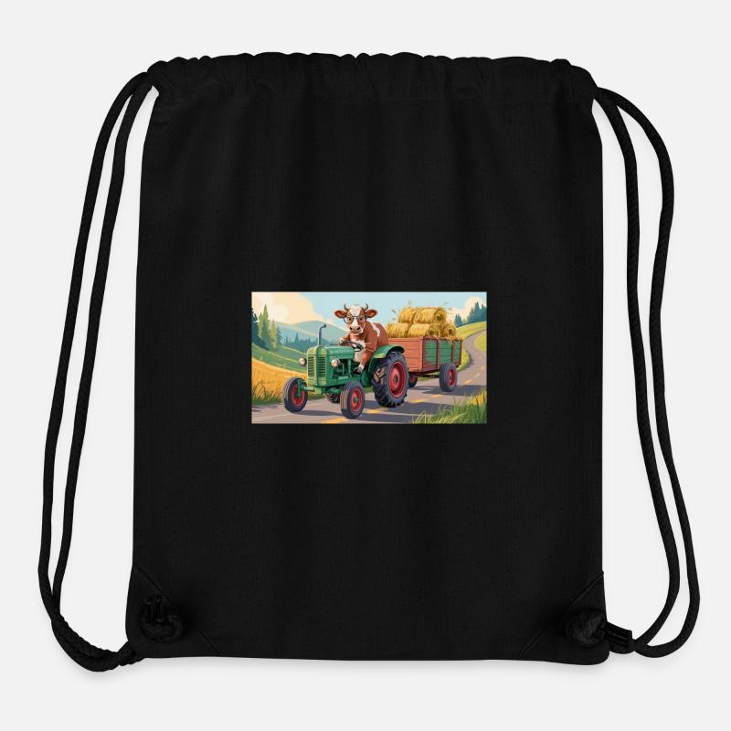Cow on green tractor with hay wagon - Stanley/Stella Recycled Gym Bag - black