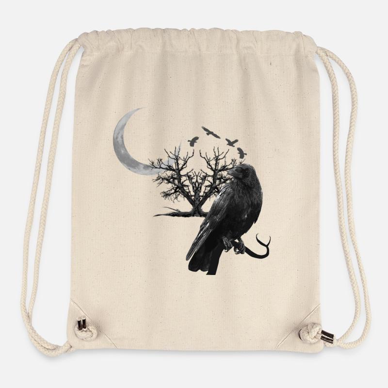 corbeau, croissant de lune, arbres, design gothique - Sac à cordon recyclé Stanley/Stella - blanc naturel