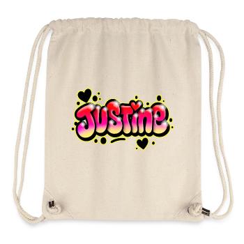 Justine Graffiti Name Printable Bubbles Hearts - Stanley/Stella Recycled Gym Bag - natural - Front