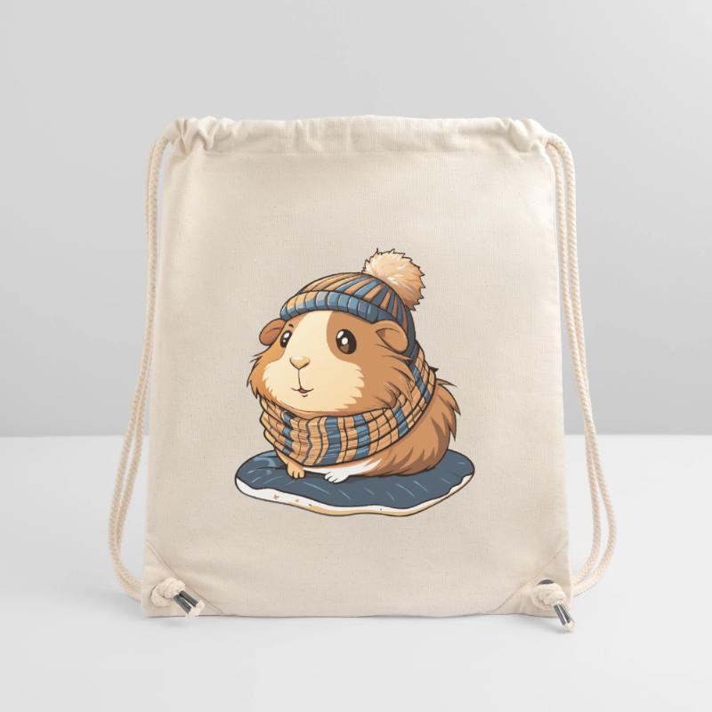 Mignon cochon d’Inde avec écharpe et chapeau à pompon. Sac à cordon recyclé Stanley/Stella