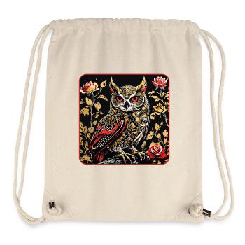 Hibou avec des vrilles de pétales de rose en aspect gravure sur bois - Sac à cordon recyclé Stanley/Stella - blanc naturel - Devant