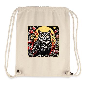 Hibou avec des vrilles de pétales de rose en aspect gravure sur bois - Sac à cordon recyclé Stanley/Stella - blanc naturel - Devant