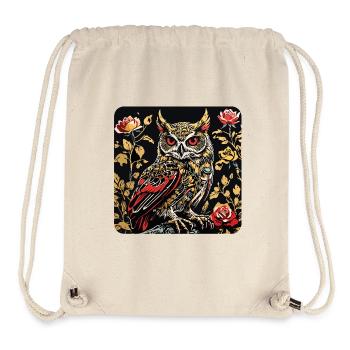 Hibou avec des vrilles de pétales de rose en aspect gravure sur bois - Sac à cordon recyclé Stanley/Stella - blanc naturel - Devant