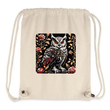 Hibou avec des vrilles de pétales de rose en aspect gravure sur bois - Sac à cordon recyclé Stanley/Stella - blanc naturel - Devant