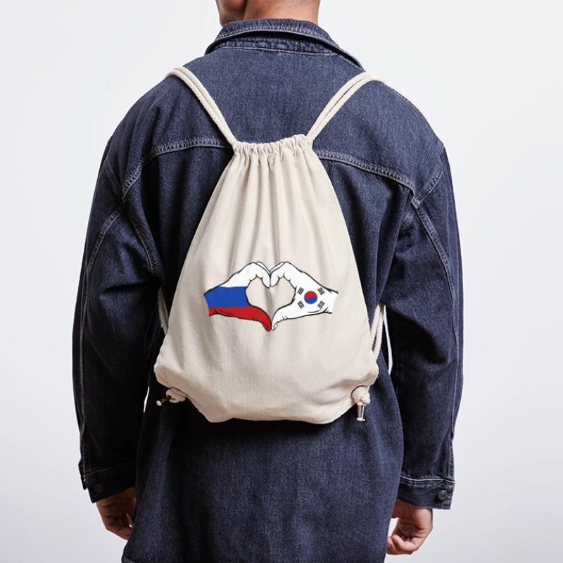 Russie Corée du Sud Drapeau Mains Coeur Forme Sac à cordon recyclé Stanley/Stella