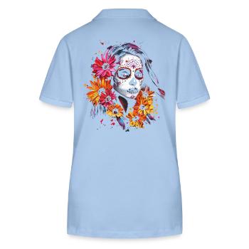 Lebhafte Catrina - Sonnenblumen Dia de los Muertos - Stanley/Stella Frauen Bio-Poloshirt ELLISER - sky Blue - Hinten - Luana (180cm)
