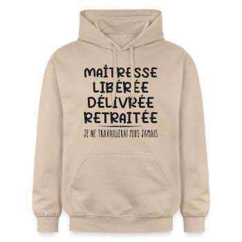 Maîtresse célèbre sa retraite avec humour cadeau - Sweat à capuche Softstyle® Gildan Unisexe - jaune sable - Devant - Liana (172cm) & Jaron (178cm)