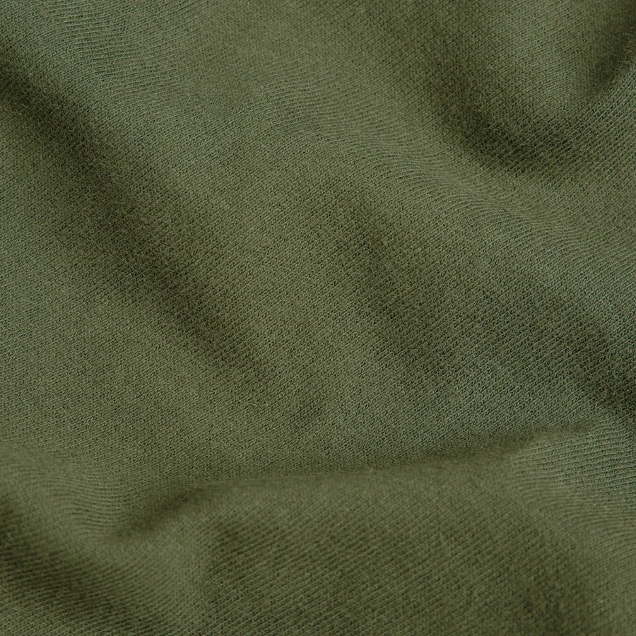 Interlaken badge on a gildan unisex softstyle® midweight hoodie, military green, close-up