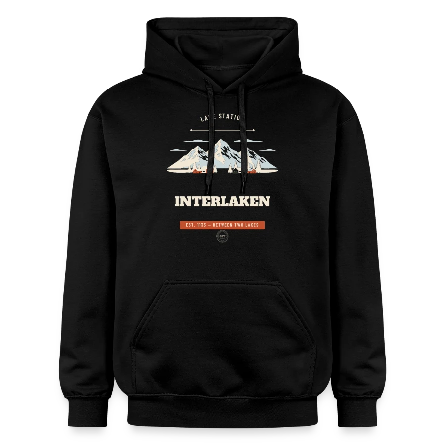 Interlaken badge on a gildan unisex softstyle® midweight hoodie, black