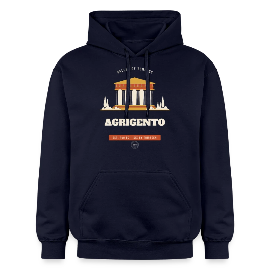 Agrigento badge on a gildan unisex softstyle® midweight hoodie, navy, front