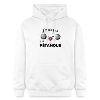 JPEUX PAS JAI PETANQUE - Sweat à capuche Softstyle® Gildan Unisexe - blanc - Devant - Liana (172cm) & Jaron (178cm)