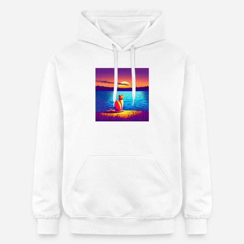 Chat profitant du coucher de soleil - Sweat à capuche Softstyle® Gildan Unisexe - blanc
